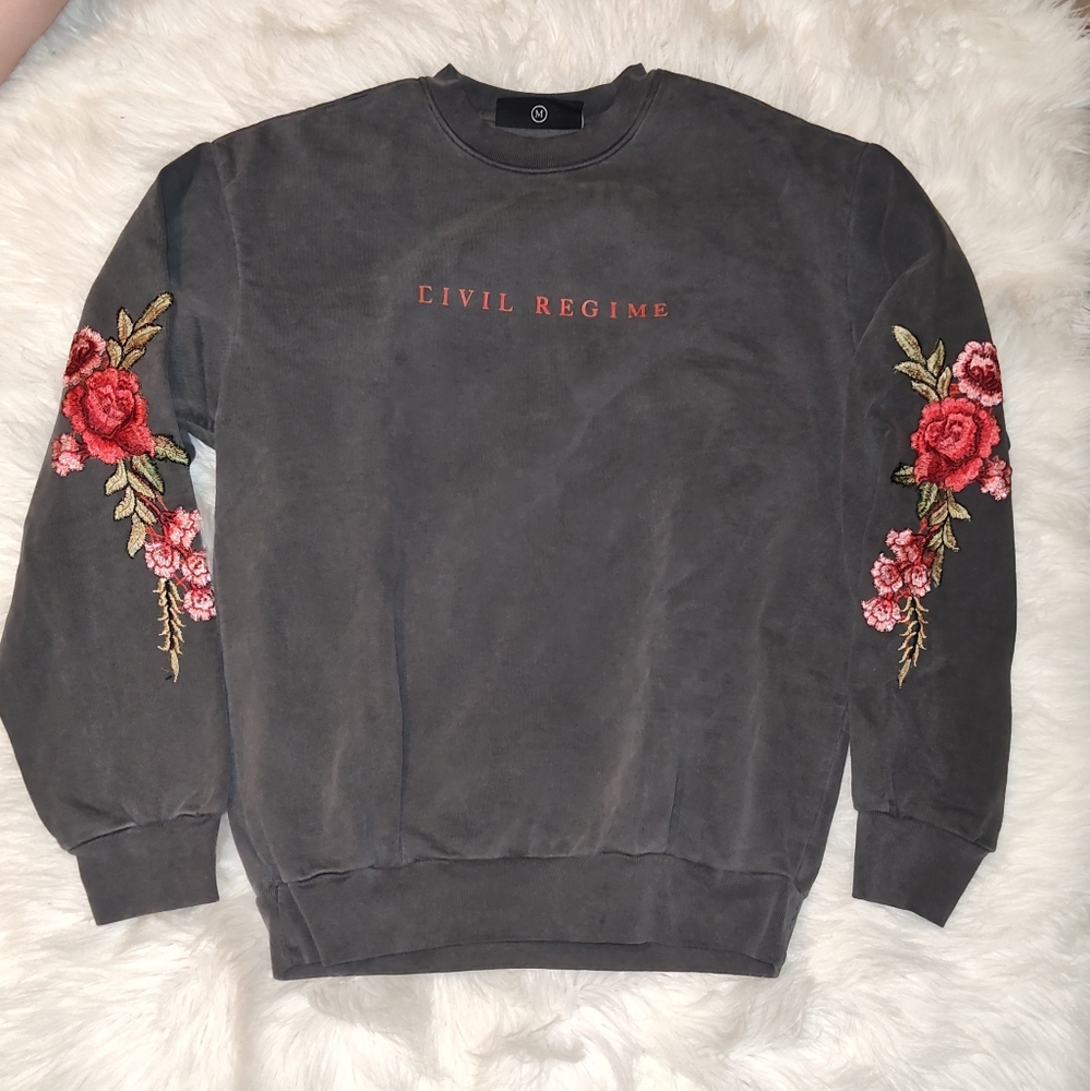 Civil Regime Men's Crewneck Sweater - Gray with Red Floral Embroidery NEW No TAG